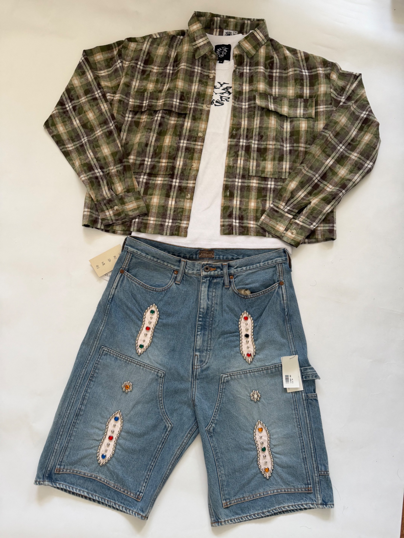 Sourced flannel and gem-set denim shorts